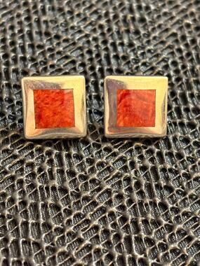 Vintage Genuine Coral 950 Sterling Silver Square Stud Earrings 0,5”